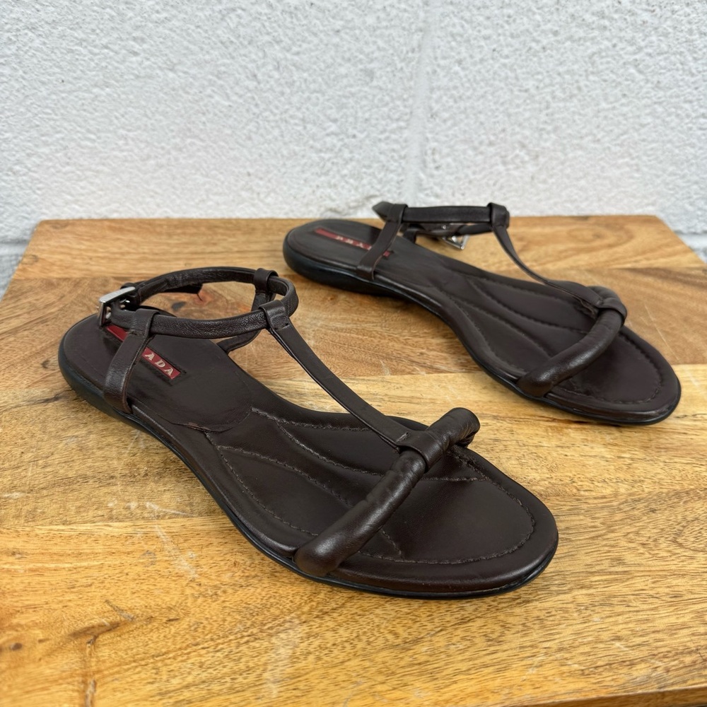 Prada Dark Brown Leather T-Strap Flat Sandals Size 38